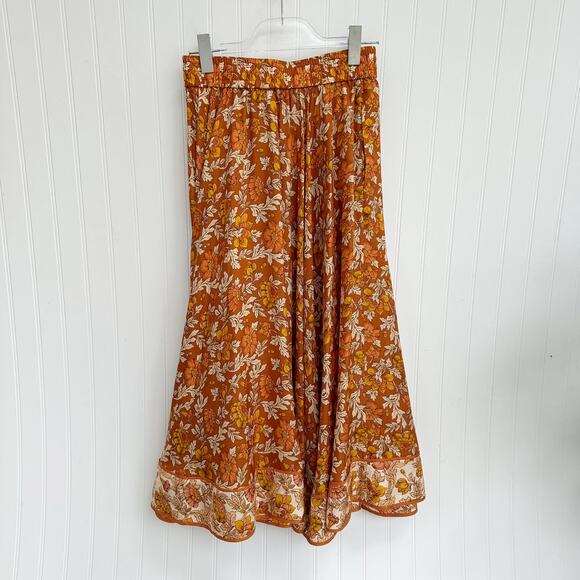 Zimmermann Andie Swing Gathered Floral Print Silk Midi Skirt Orange Beige Multi - Picture 8 of 14